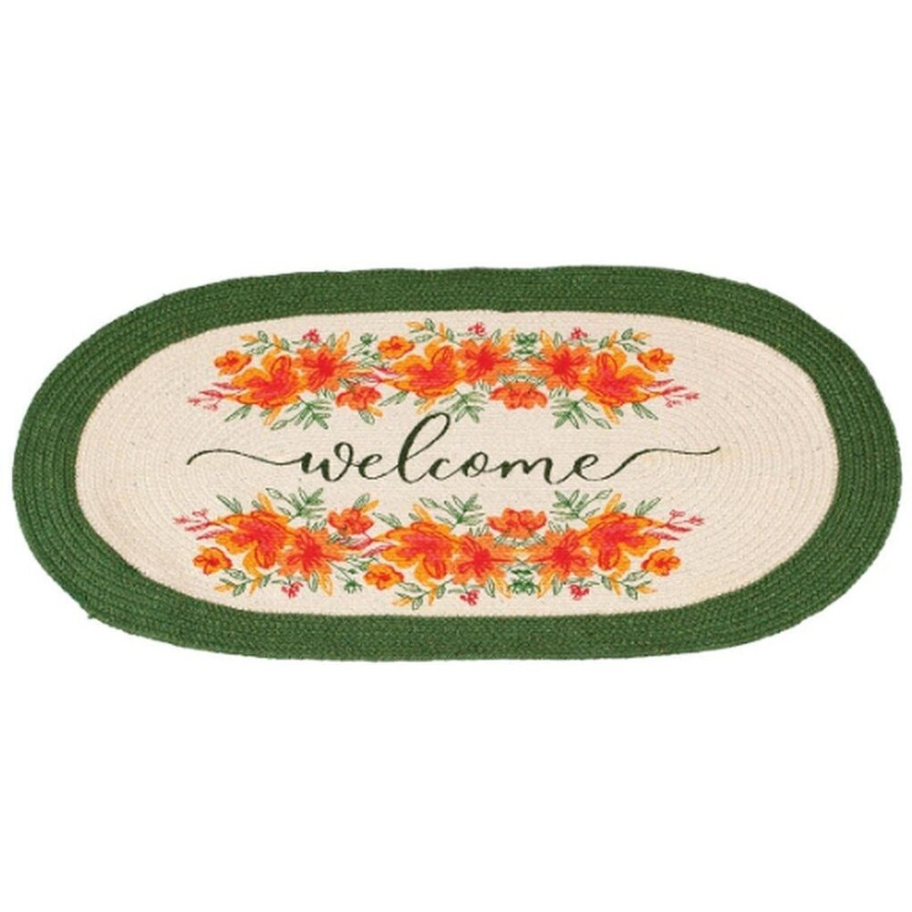 Large Oval Braided Runner Floor Rug (21"x34") FLOWERS, WELCOME, green borders,BT